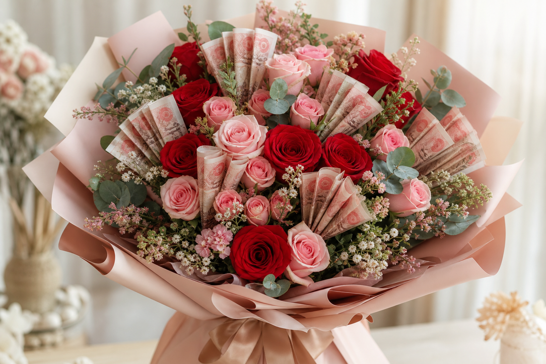 Money bouquet combined with fresh roses