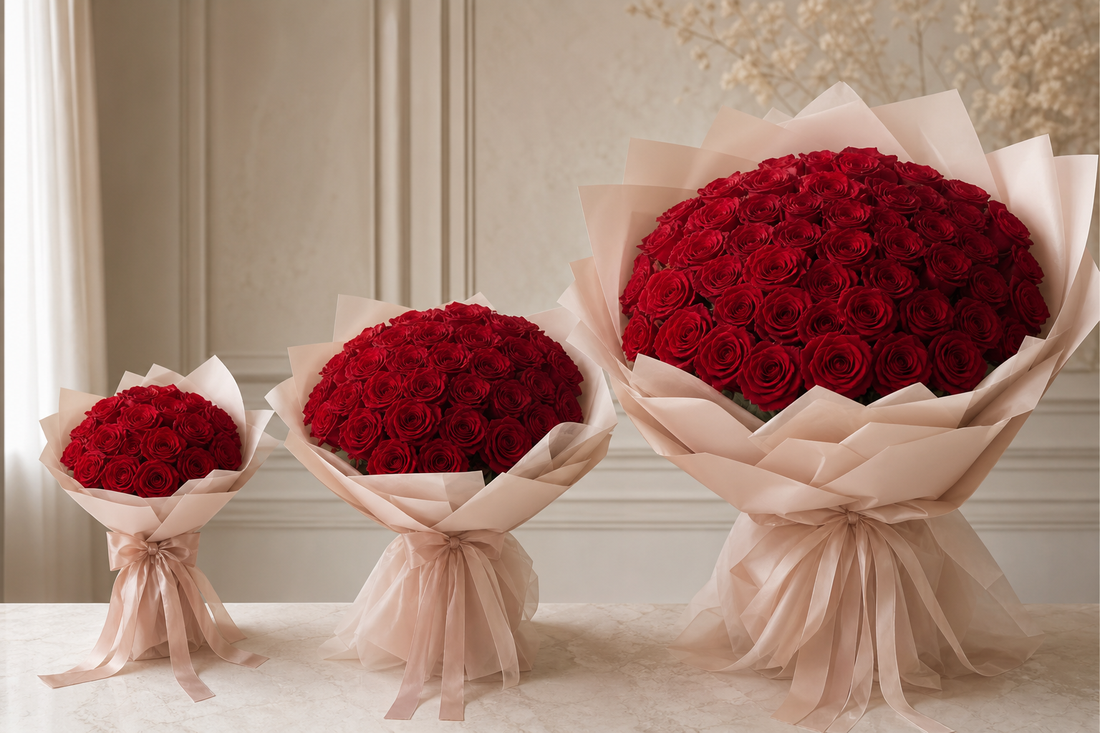 250 vs 500 vs 1000 rose bouquets side by side — Delhi size guide